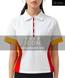 เสื้อโปโลคอปกผู้หญิงสีขาว แขนสั้นแต่งปลายแขนสีเหลือง ดีไซน์แถบสีแดงพาดข้างลำตัวและแนวกระดุม เพิ่มดีเทลสีเทากลางลำตัว ทรงสวยทันสมัย เหมาะสำหรับชุดยูนิฟอร์มหรือใส่ทำงาน