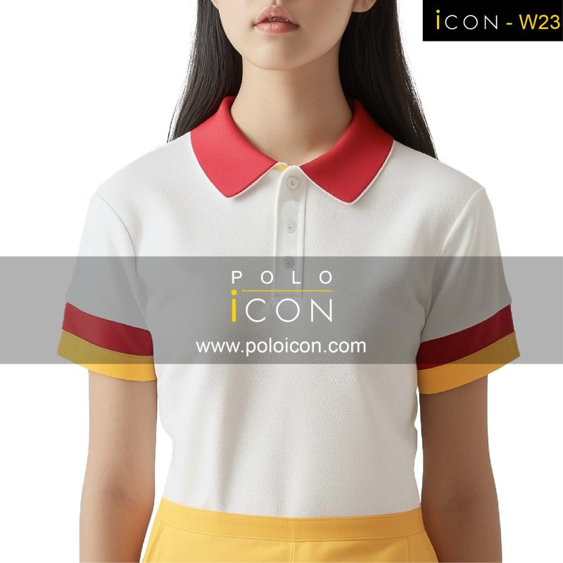 เสื้อโปโลแขนสั้นสีขาว คอปกแดง ตัดแถบแขนสองสีแดง-เหลือง เพิ่มดีเทลสดใส โดดเด่นด้วยโทนสีสันตัดกันอย่างลงตัว WN-23-01