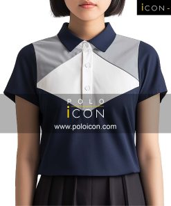 เสื้อโปโลทรงผู้หญิง รุ่น iCON-W75 โทนกรมท่าตัดต่อลายสามเหลี่ยมสีเทาและขาวช่วงอก สไตล์เรขาคณิตทันสมัย ดูโดดเด่นไม่เหมือนใคร เหมาะกับเสื้อโปโลแฟชั่นสำหรับผู้หญิงสายเท่