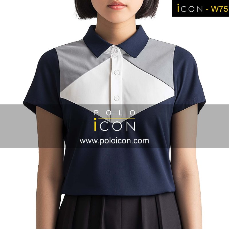 เสื้อโปโลทรงผู้หญิง รุ่น iCON-W75 โทนกรมท่าตัดต่อลายสามเหลี่ยมสีเทาและขาวช่วงอก สไตล์เรขาคณิตทันสมัย ดูโดดเด่นไม่เหมือนใคร เหมาะกับเสื้อโปโลแฟชั่นสำหรับผู้หญิงสายเท่