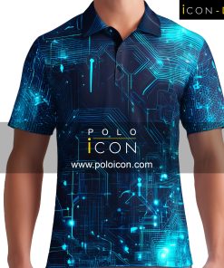 เสื้อพิมพ์ลายคอปกโทนน้ำเงิน-ดำ ลวดลายแผงวงจรอิเล็กทรอนิกส์สุดล้ำ ดีไซน์แนวเทคโนโลยีล้ำสมัย เหมาะสำหรับเสื้อกีฬาพิมพ์ลายหรือกิจกรรมที่ต้องการความทันสมัย ราคาถูก