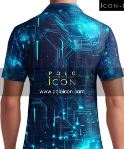 แบบเสื้อพิมพ์ลายฟุตบอลคอปก ลายแผงวงจรดิจิทัลเต็มตัวสีฟ้า-น้ำเงิน บ่งบอกความไฮเทค เหมาะกับเสื้อกีฬาสีหรือเสื้อทีมแนวเทคโนโลยี ผลิตเสื้อพิมพ์ลายราคาส่ง