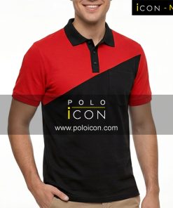 เสื้อโปโลแขนสั้นสีแดง-ดำ ดีไซน์สีสลับเฉียง พร้อมปกและกระเป๋าอก ภาพที่ 1