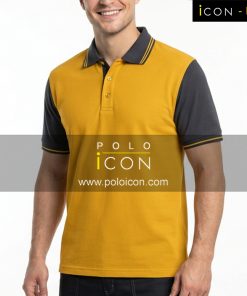 เสื้อโปโลแขนสั้นสีเหลืองตัดแขนและคอสีเทา มีลายเส้นสีเหลือง ภาพที่ 1