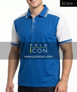 เสื้อโปโลแขนสั้นสีน้ำเงินตัดต่อแขนขาวมีลายเส้นที่คอและแขน ภาพที่ 1