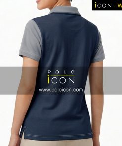 เสื้อโปโลผู้หญิงสีกรมท่าตัดต่อแขนสีเทาคอปกกระดุม 3 เม็ด ภาพที่ 2