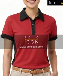 เสื้อโปโลผู้หญิงสีแดง ตัดต่อดำคอปกสไตล์เรียบง่าย ภาพที่ 1