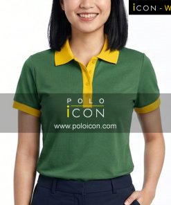 เสื้อโปโลผู้หญิงสีเขียว ขอบคอและขอบแขนเสื้อสีเหลืองหญิง ภาพที่ 1