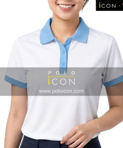 เสื้อโปโลผู้หญิงสีขาว ปกและขอบแขนสีฟ้าอ่อน แขนสั้น ภาพที่ 1