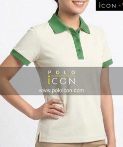 เสื้อโปโลผู้หญิงสีครีม คอปกและขอบแขนสีเขียว ภาพที่ 1