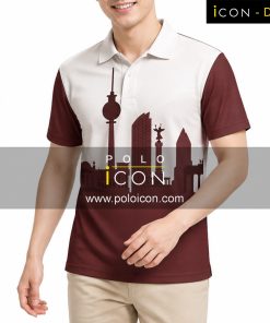 เสื้อโปโลพิมพ์ลายสีขาวแดง แขนสั้น มีลายกราฟิกอาคารและหอคอยบนตัวเสื้อ