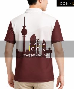 เสื้อโปโลพิมพ์ลายสีขาวแดง แขนสั้น มีลายกราฟิกอาคารและหอคอยบนตัวเสื้อ ภาพที่ 2