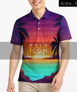 เสื้อโปโลพิมพ์ลายลายทะเลพระอาทิตย์ตกสีม่วงฟ้า แขนสั้น ปกคอปุ่ม 3 เม็ด สวมใส่โดยผู้ชาย