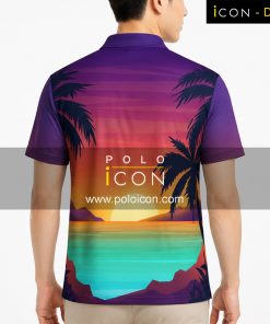 เสื้อโปโลพิมพ์ลายลายทะเลพระอาทิตย์ตกสีม่วงฟ้า แขนสั้น ปกคอปุ่ม 3 เม็ด สวมใส่โดยผู้ชาย ภาพที่ 2