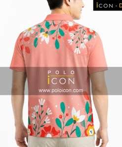 เสื้อโปโลพิมพ์ลายดอกไม้สีชมพู แขนสั้น ปกคอปก สวมใส่โดยผู้ชาย ภาพที่ 2